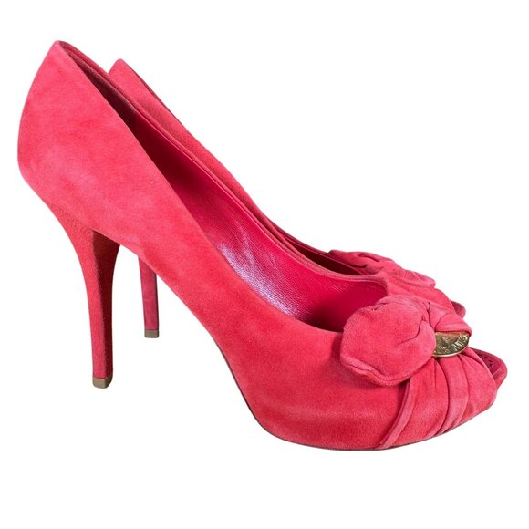 Louis Vuitton Red Suede Catania Peep Toe Platform Pumps Heels Size 38 - Picture 1 of 13